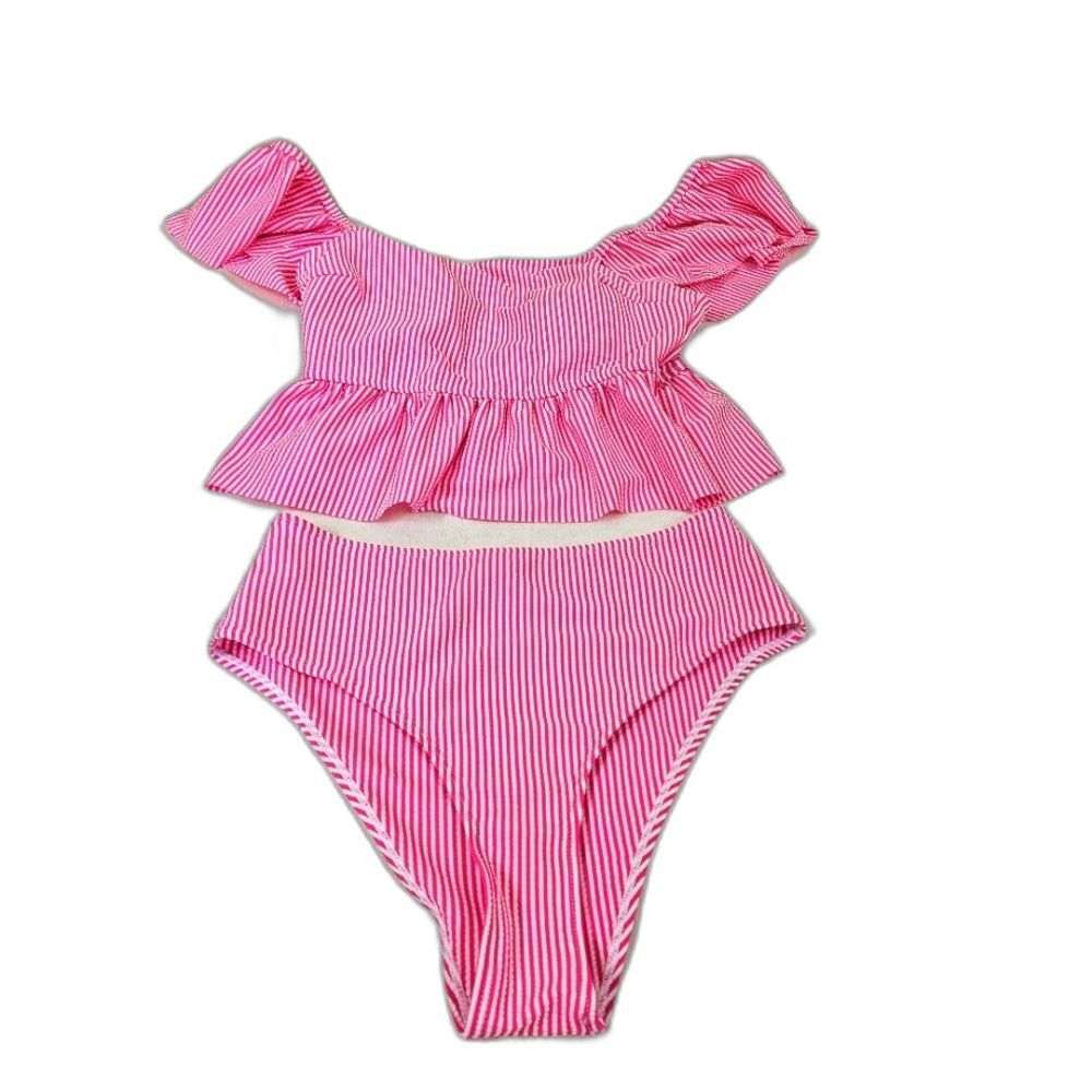 NWOT Pink Striped Bikini Women Sz M 2 Piece Set Pink White Stripes Ruffle Straps